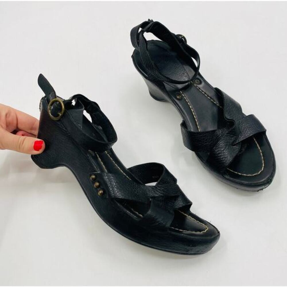 Frye black leather wedge sandals